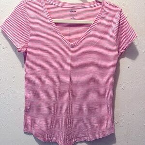 Sonoma Women's Pink and White Striped V-Neck Top